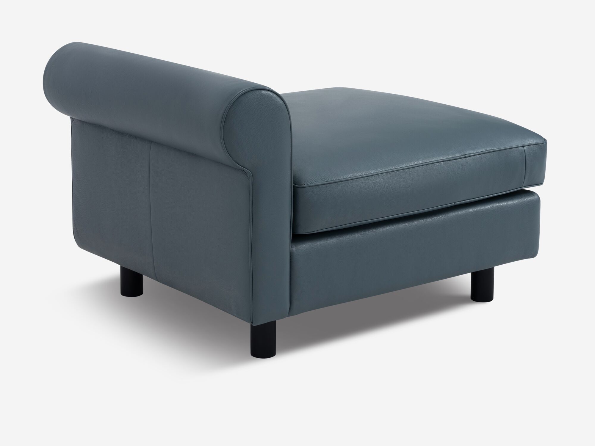 Blue leather accent chair back corner detail view